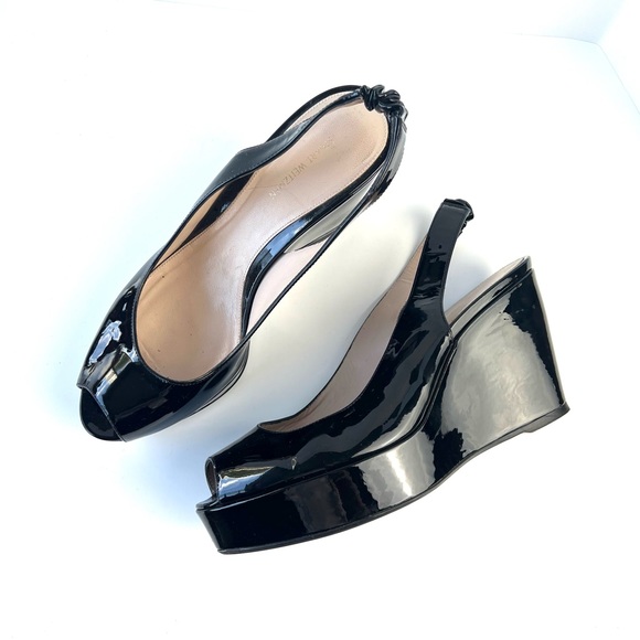 Stuart Weitzman Peep Toe Patent Leather Platform Slingback Wedges - Picture 1 of 12